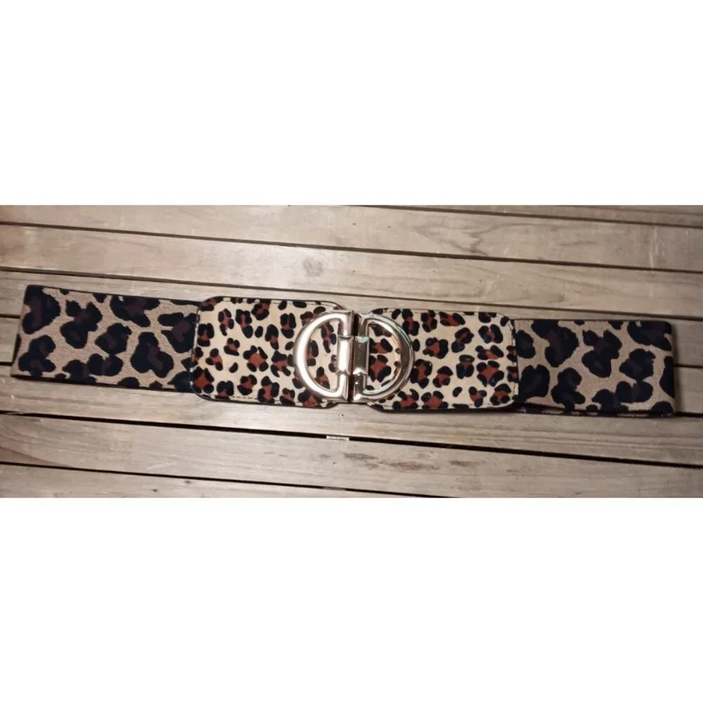 Stretch Animal Print Cinch Belt Gold Buckle Big Cat Cheetah Leopard Spots 26" - Picture 9 of 10